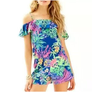 Lilly Pulitzer Klea Off The Shoulder Indigo Green Floral All A Glow Romper Small